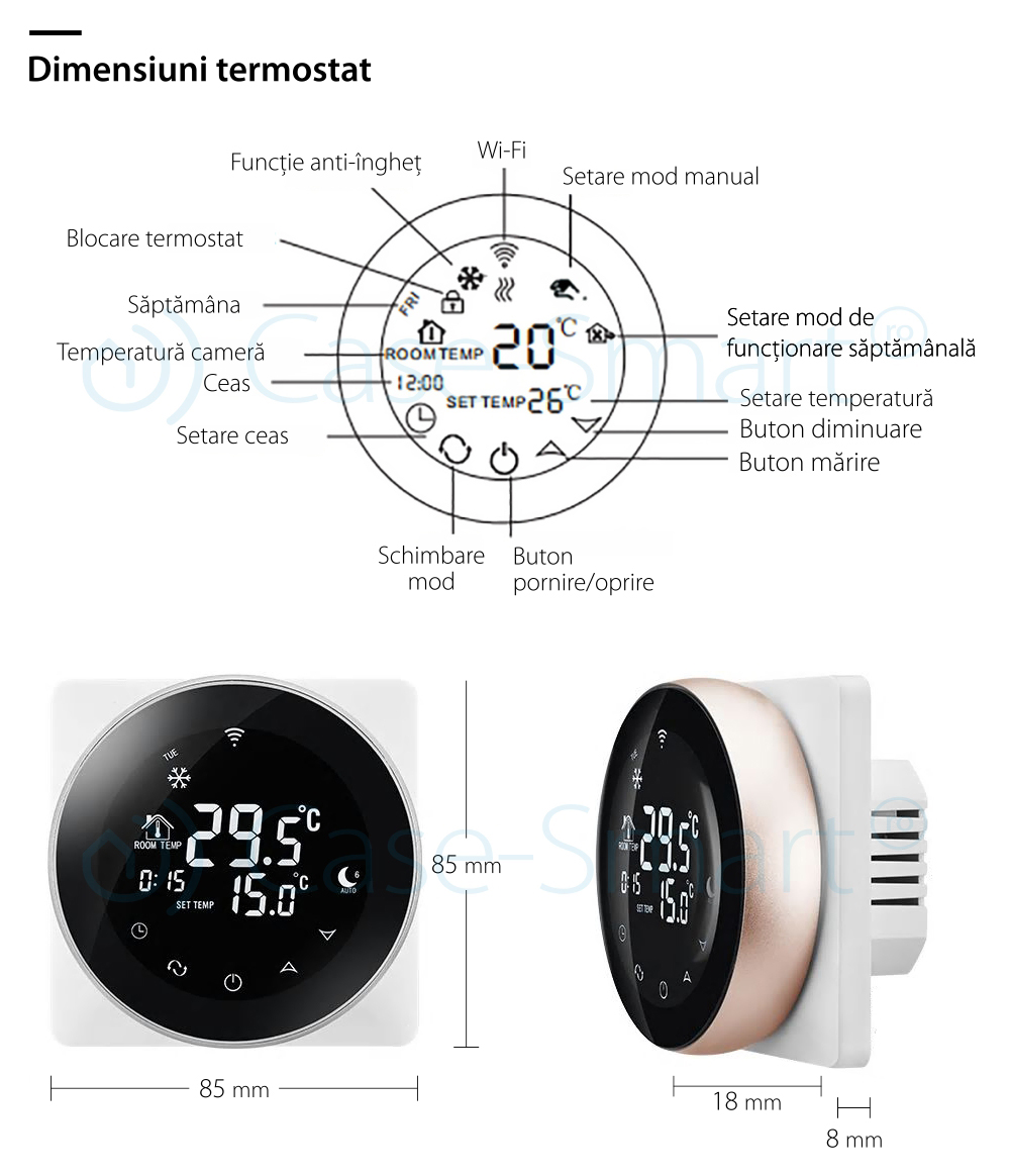 Termostat Wireless pentru incalzirea electrica in pardoseala Beok TGR87WiFi-EP, Functie Anti-inghet, Setare interval de functionare, Control de pe telefonul mobil