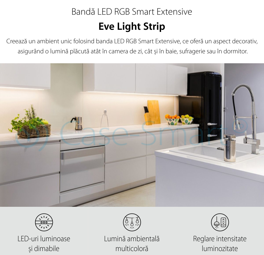 Kit Banda LED RGB Smart Eve Light Strip, 24W, 1800 lm, A++, 2m, Compatibil cu Apple Home Kit