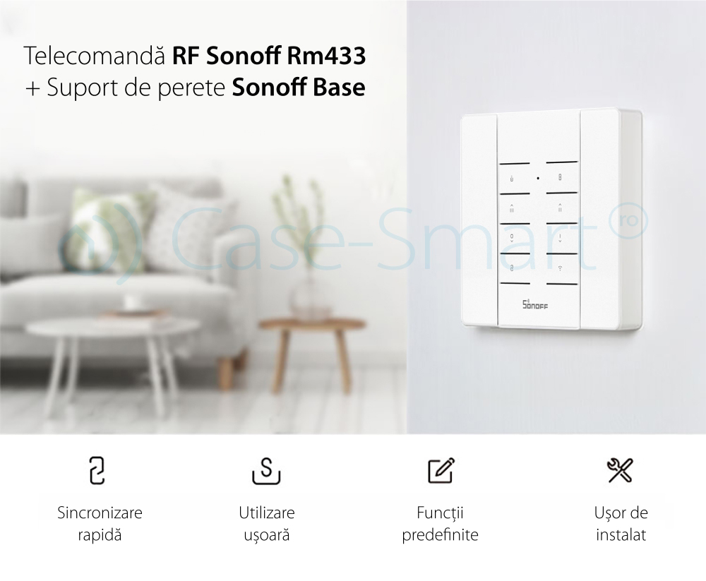 Pachet Suport perete + Telecomanda RF Sonoff RM433 cu Functie Sincronizare Wi-Fi, Reglaj intensitate lumini, Reglaj viteza ventilator