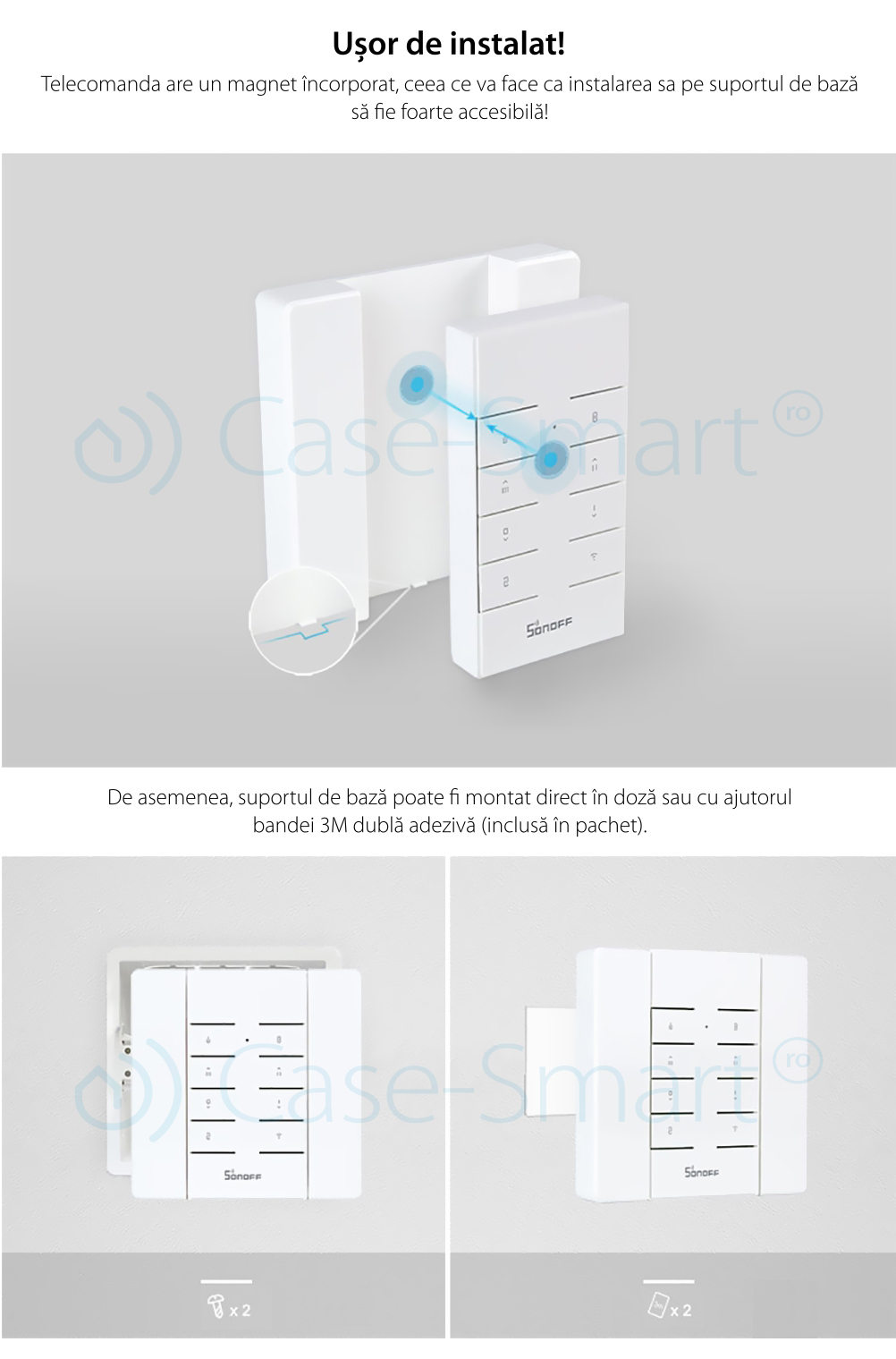 Pachet Suport perete + Telecomanda RF Sonoff RM433 cu Functie Sincronizare Wi-Fi, Reglaj intensitate lumini, Reglaj viteza ventilator