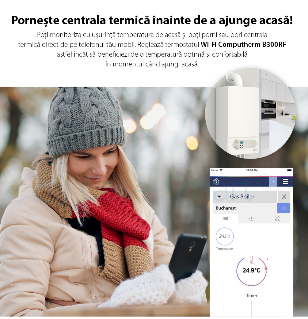 Termostat COMPUTHERM B300RF Wi-Fi cu senzor de temperatura fara fir, Timer, Control de pe telefonul mobil, Distribuire control acces