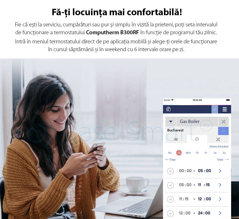 Termostat COMPUTHERM B300RF Wi-Fi cu senzor de temperatura fara fir, Timer, Control de pe telefonul mobil, Distribuire control acces