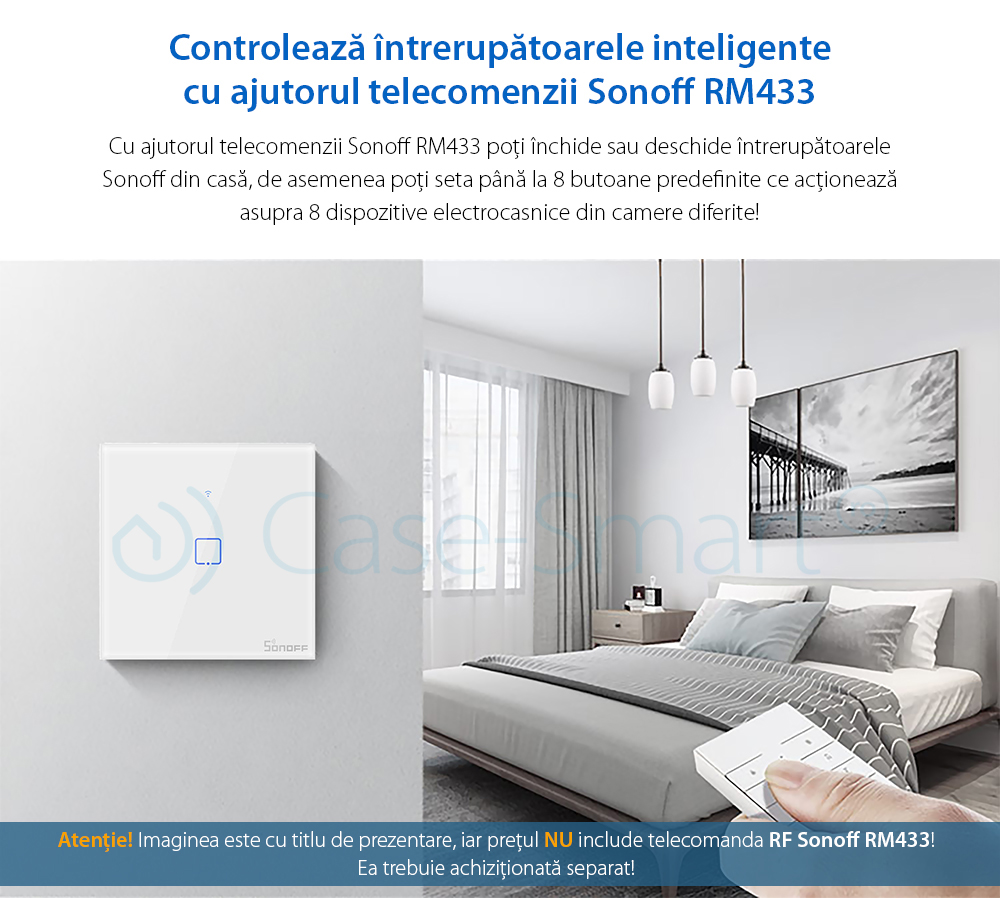 Intrerupator simplu cu touch Sonoff T1EU1C, Wi-Fi + RF, Control de pe telefonul mobil