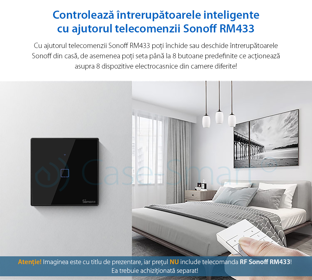 Intrerupator simplu cu touch Sonoff T3EU1C, Wi-Fi + RF, Control de pe telefonul mobil – Resigilat