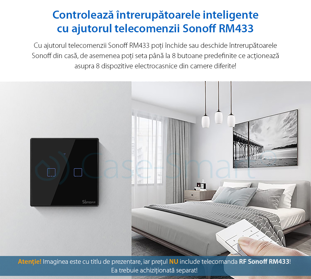 Intrerupator dublu cu touch Sonoff T3EU2C, Wi-Fi + RF, Control de pe telefonul mobil