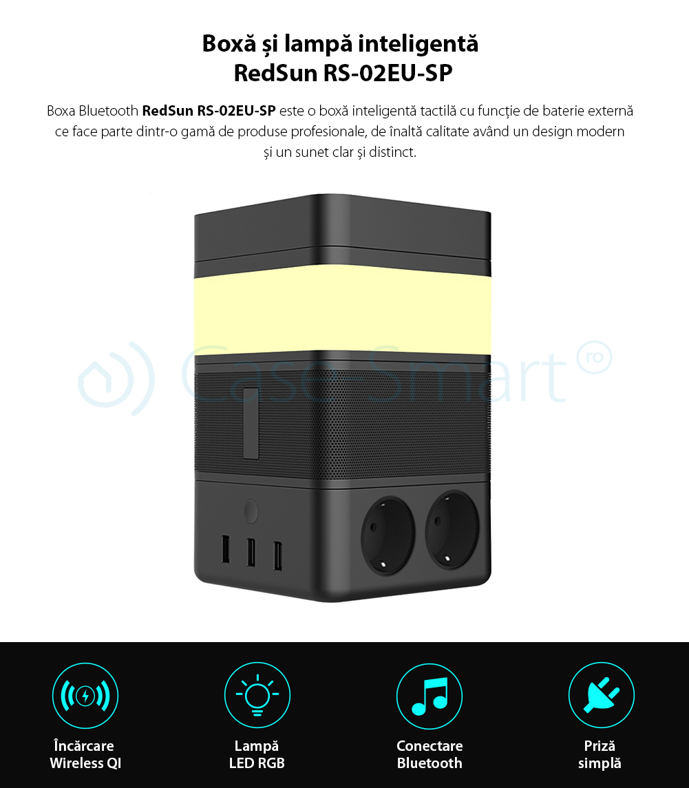 Boxa portabila cu lampa inteligenta Redsun RS-02EU-SP, Functie de baterie externa, Incarcator Wireless, Bluetooth