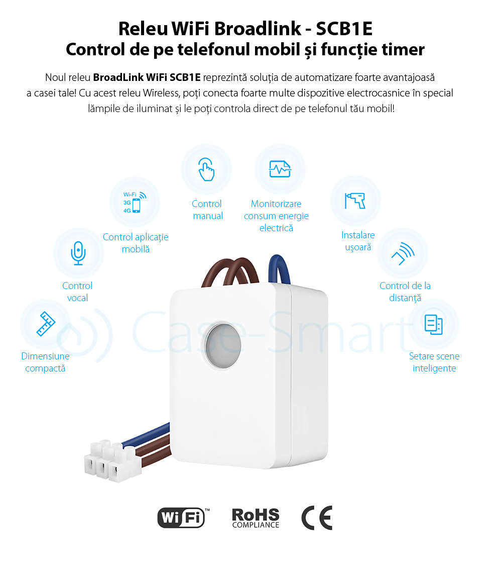 Releu WiFi BroadLink SCB1E, Functie de monitorizare consum energie, Programare interval functionare, Creare scene functionare, Timer, Control de pe telefonul mobil