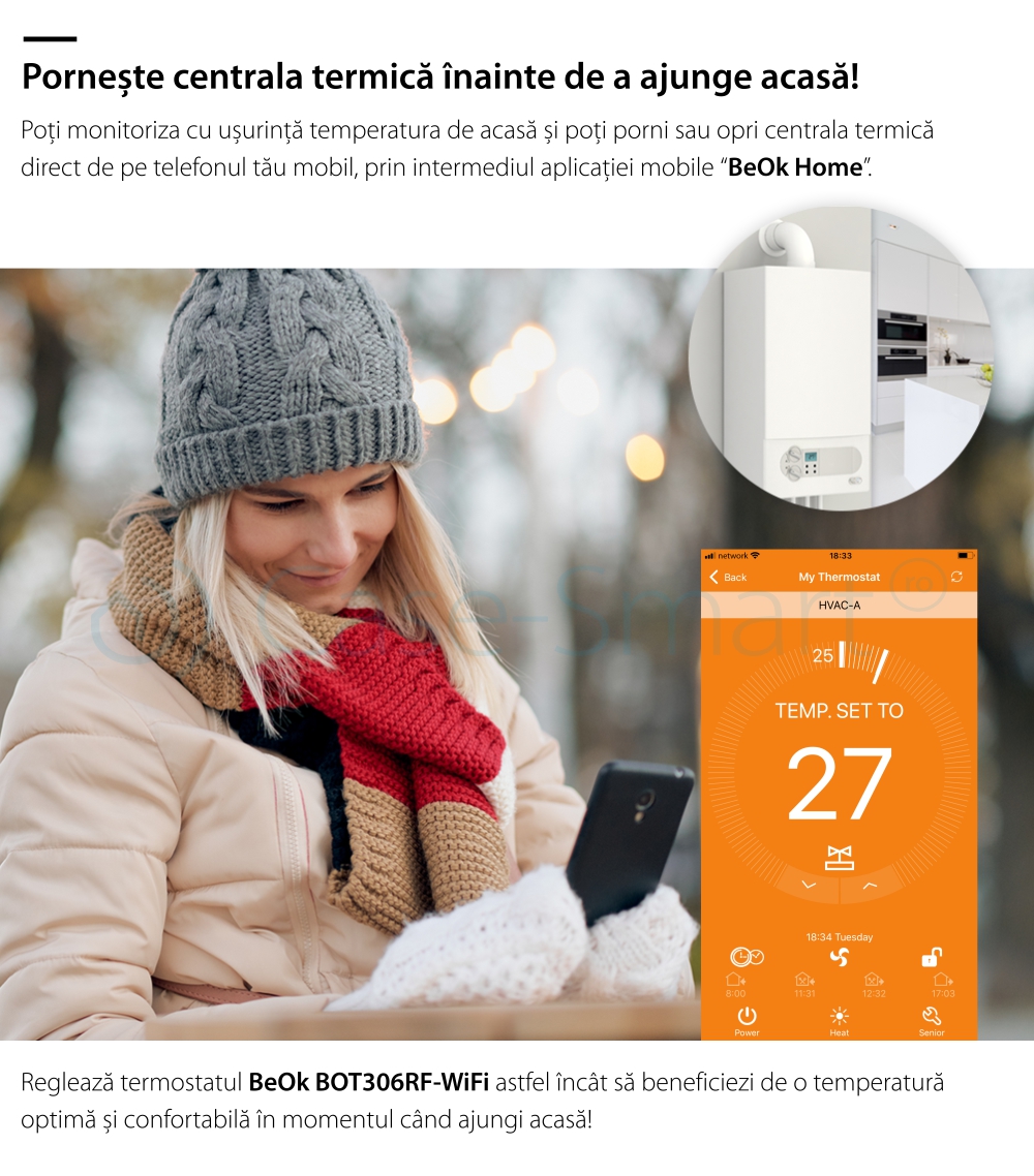 Termostat Wi-Fi pentru centrala termica pe gaz si incalzire in pardoseala cu agent termic BeOk BOT306RF-WIFI, Programabil, Memorare setari, Anti-inghet, Control de pe telefonul mobil