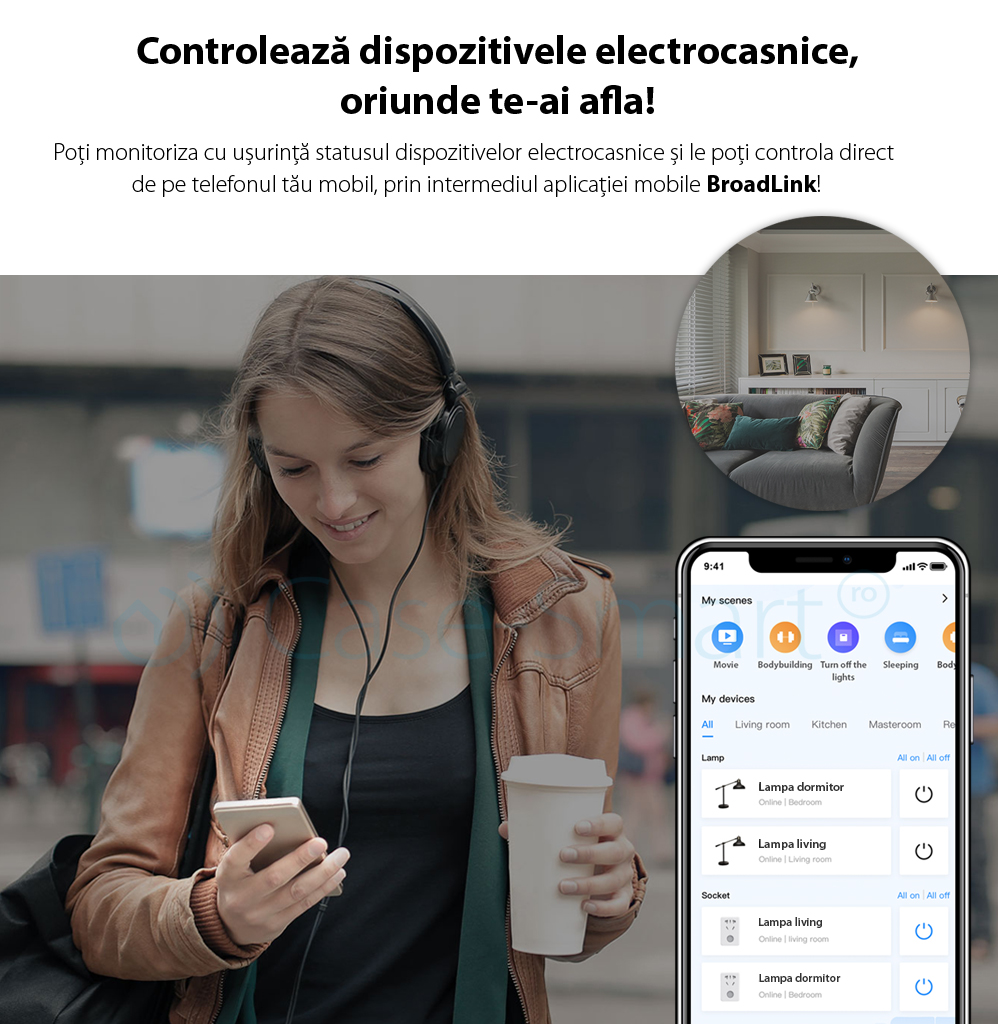 Releu WiFi BroadLink SCB1E, Functie de monitorizare consum energie, Programare interval functionare, Creare scene functionare, Timer, Control de pe telefonul mobil