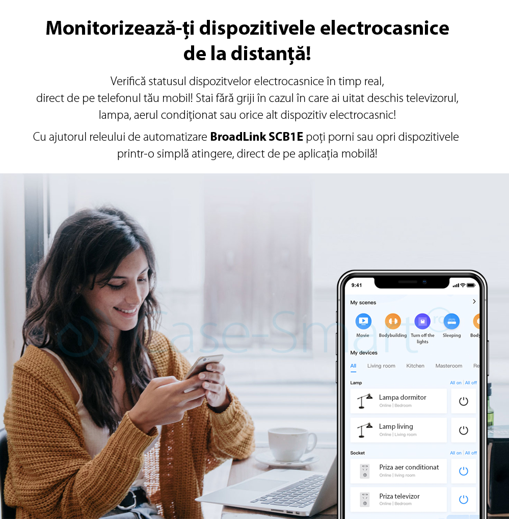 Releu WiFi BroadLink SCB1E, Functie de monitorizare consum energie, Programare interval functionare, Creare scene functionare, Timer, Control de pe telefonul mobil
