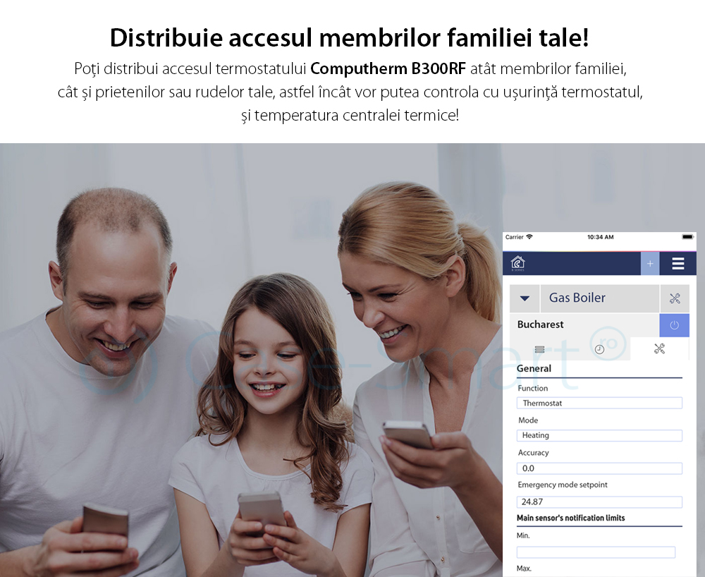Termostat COMPUTHERM B300RF Wi-Fi cu senzor de temperatura fara fir, Timer, Control de pe telefonul mobil, Distribuire control acces