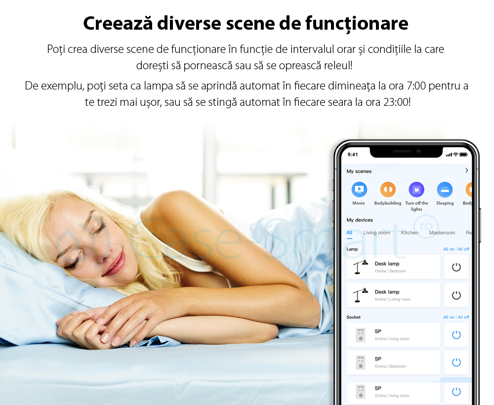 Releu WiFi BroadLink SCB1E, Functie de monitorizare consum energie, Programare interval functionare, Creare scene functionare, Timer, Control de pe telefonul mobil