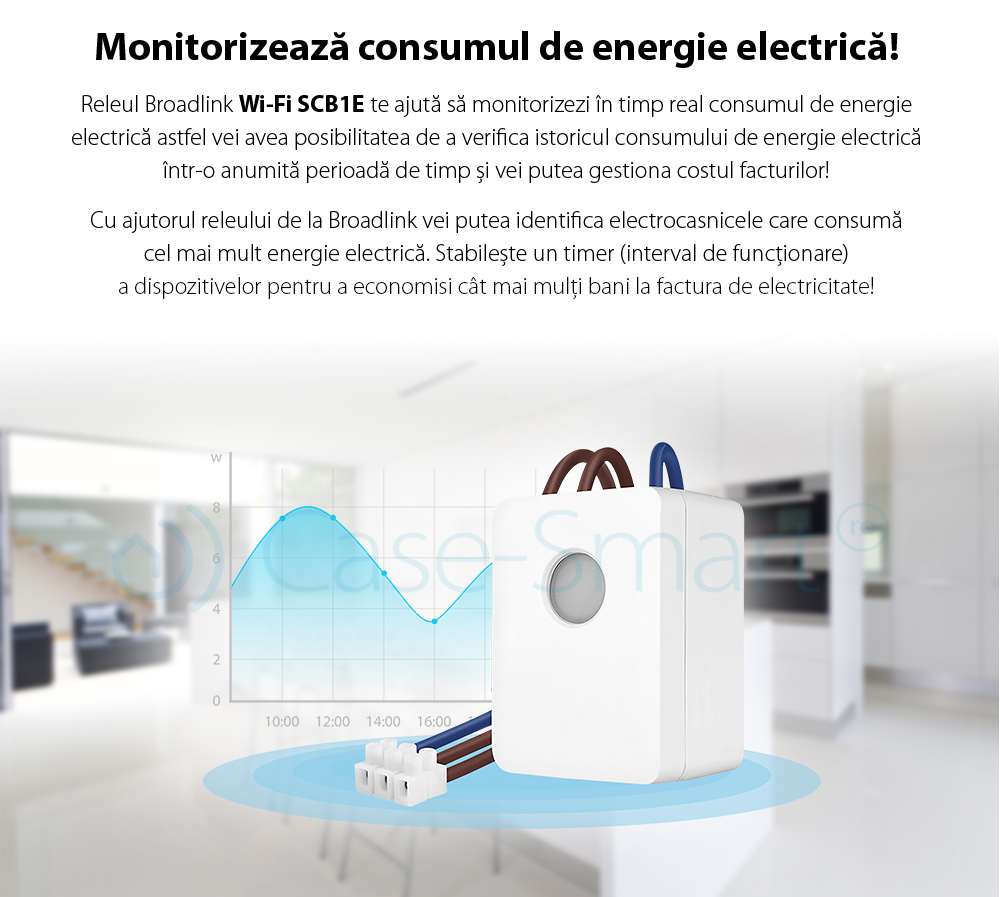 Releu WiFi BroadLink SCB1E, Functie de monitorizare consum energie, Programare interval functionare, Creare scene functionare, Timer, Control de pe telefonul mobil