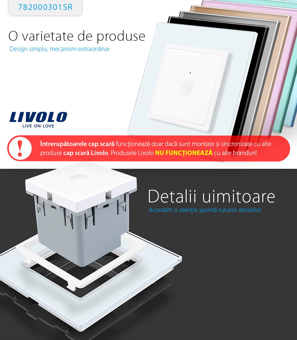 Intrerupator cap scara / cap cruce cu touch Livolo din sticla, Serie noua