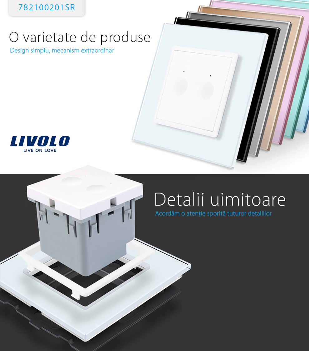 Intrerupator dublu wireless cu touch Livolo din sticla, Serie noua