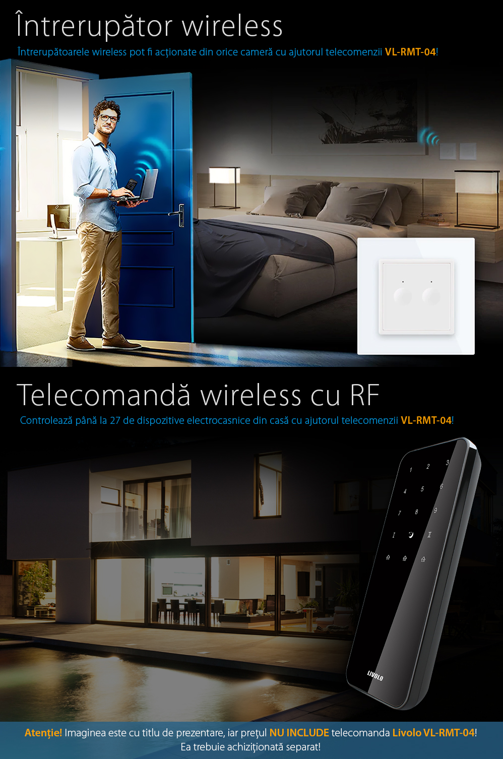 Intrerupator dublu wireless cu touch Livolo din sticla, Serie noua