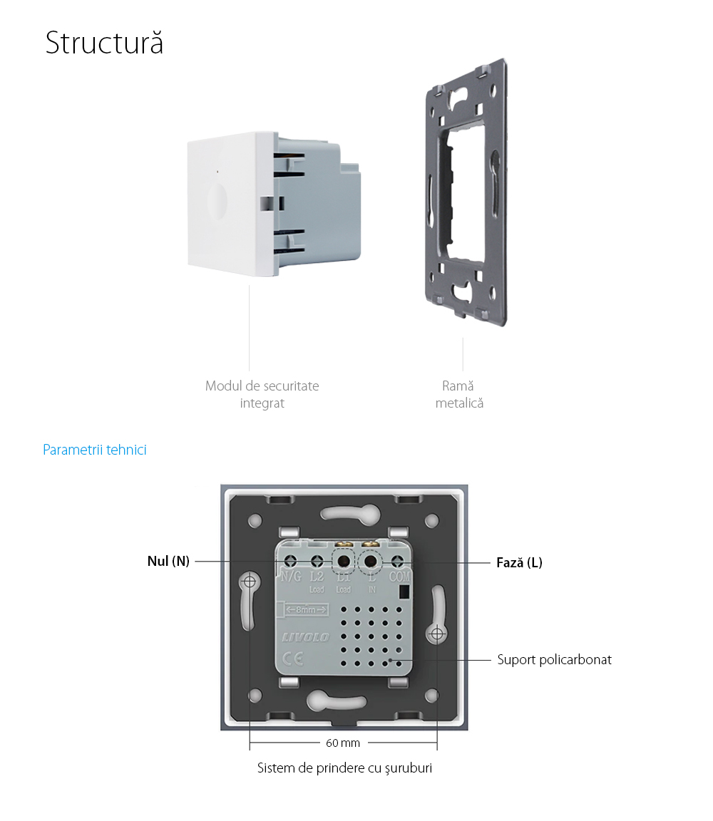 Modul intrerupator wireless cap scara / cap cruce cu touch LIVOLO, Serie noua