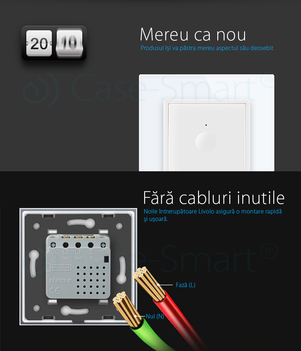 Intrerupator cap scara / cap cruce cu touch Livolo din sticla, Serie noua