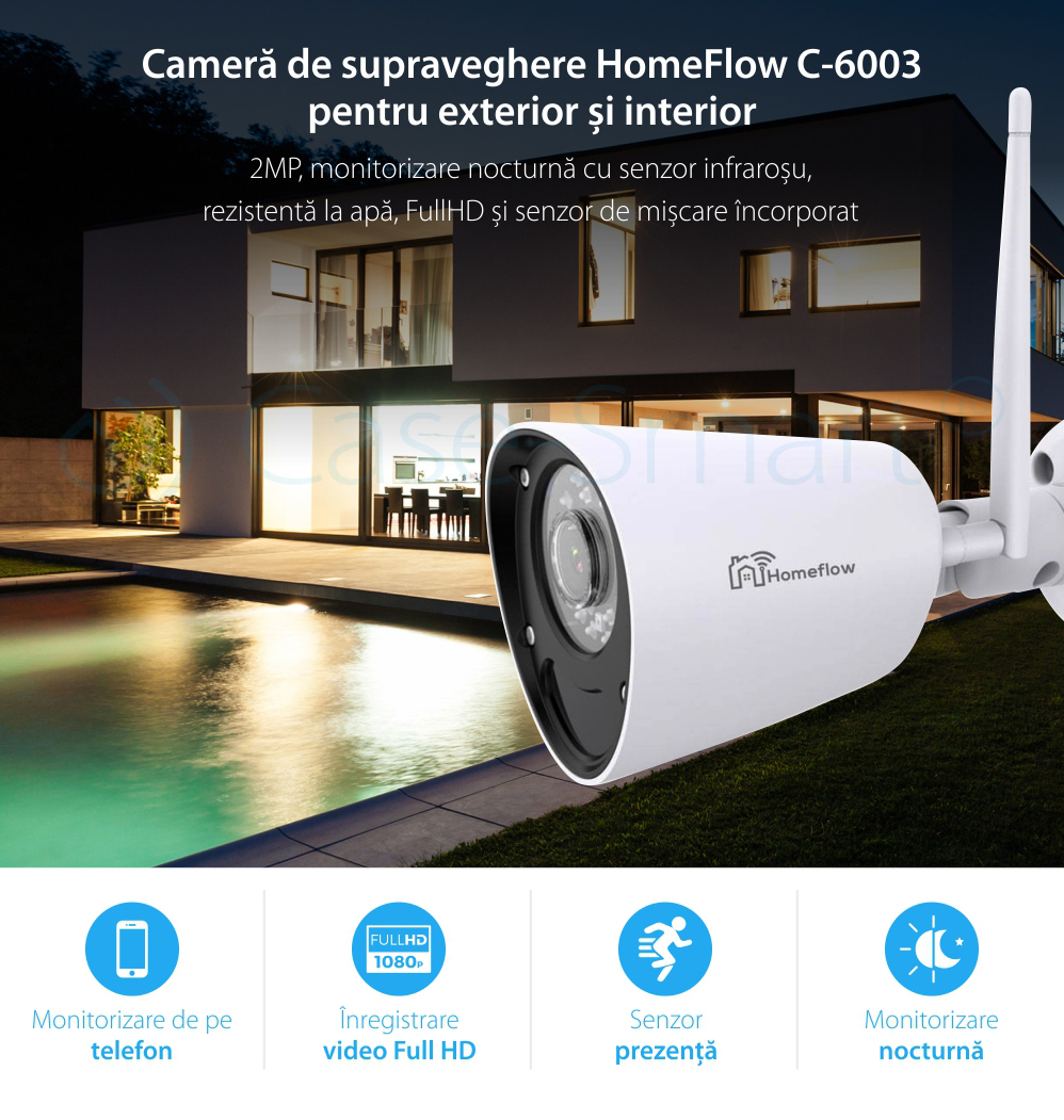 Camera de supraveghere wireless Homeflow C-6003, Exterior, Detectie miscare, Night Vision, Control de pe telefonul mobil