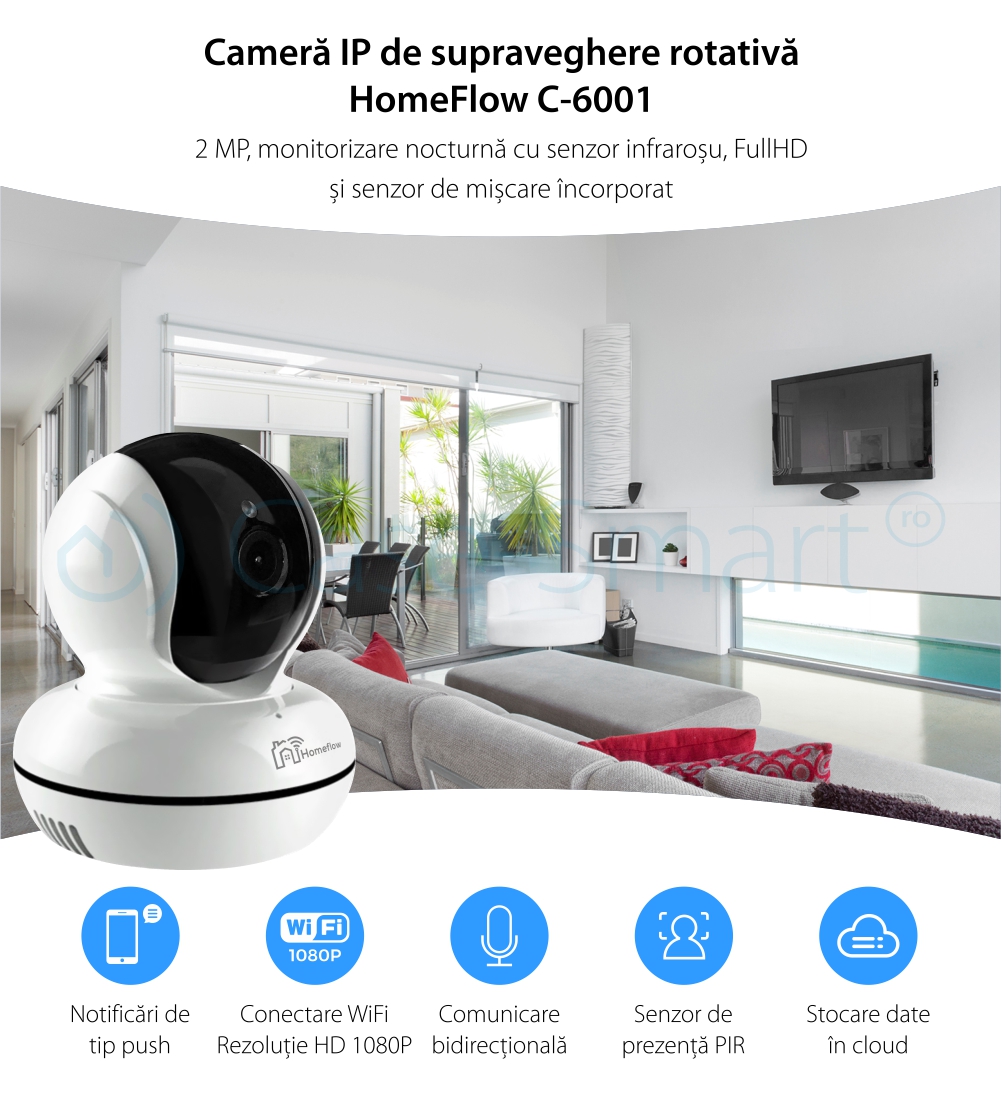 Camera de supraveghere wireless rotativa Homeflow C-6001, Comunicare bidirectionala, Detectie miscare, Inregistrare, Control de pe telefonul mobil