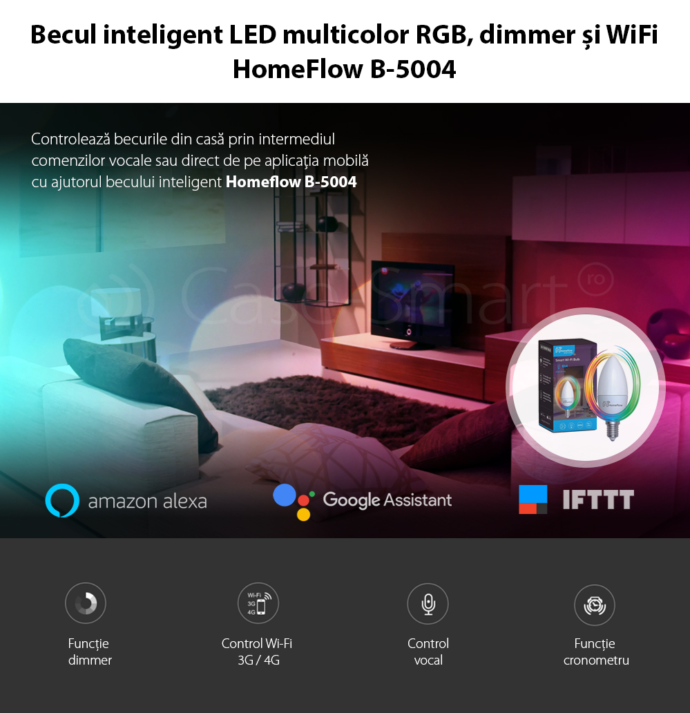 Bec inteligent LED Wireless Homeflow B-5004, E14, 5W (40W), 400lm, dimabil, RGB, Control de pe telefonul mobil – Resigilat