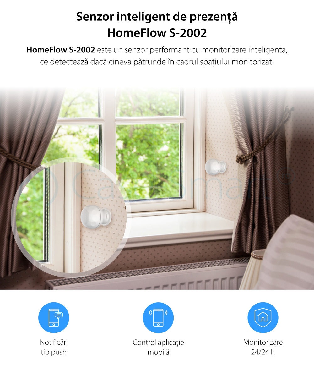 Senzor de miscare Wireless Homeflow S-2002, Notificari, Creare scene de functionare