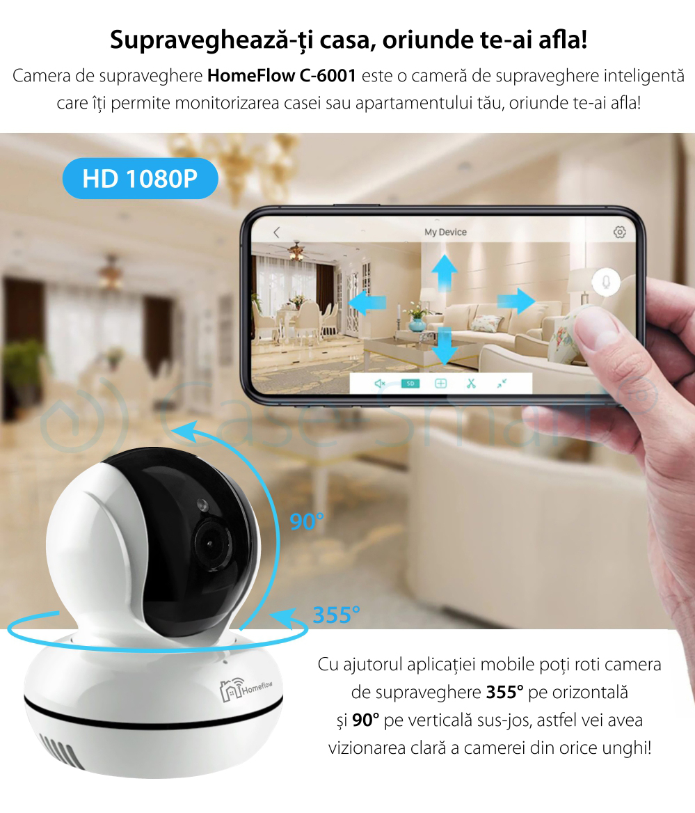 Camera de supraveghere wireless rotativa Homeflow C-6001, Comunicare bidirectionala, Detectie miscare, Inregistrare, Control de pe telefonul mobil