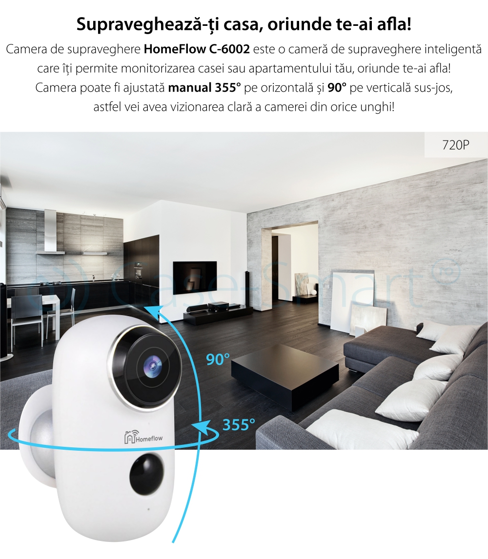 Camera de supraveghere inteligenta Wireless Homeflow C-6002, Comunicare bidirectionala, Detectie miscare