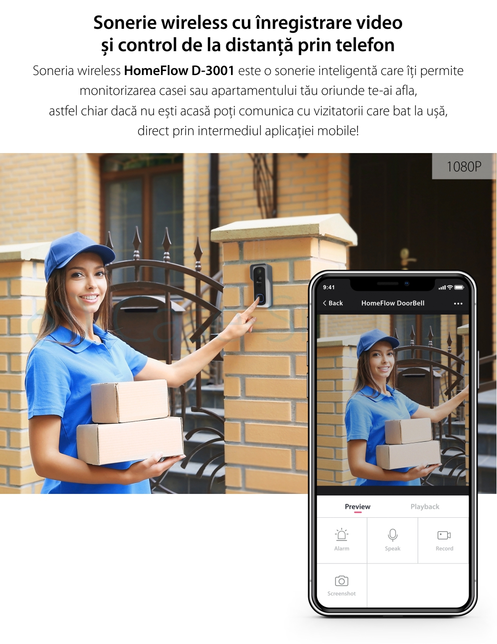 Sonerie inteligenta wireless cu monitorizare video Homeflow D-3001, Comunicare bidirectionala, Detectie miscare, Notificari, Modul sonerie interior inclus – Resigilat