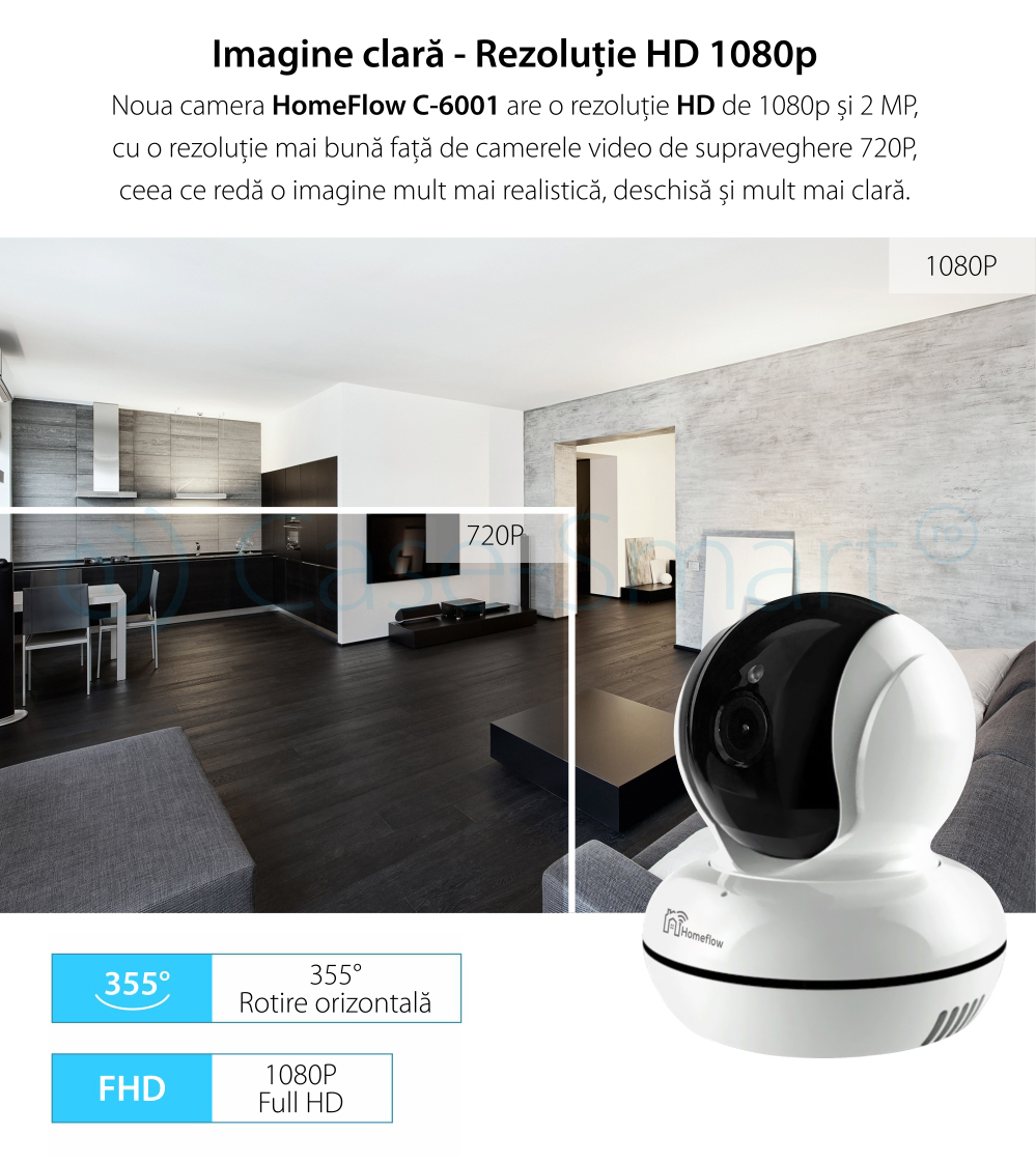 Camera de supraveghere wireless rotativa Homeflow C-6001, Comunicare bidirectionala, Detectie miscare, Inregistrare, Control de pe telefonul mobil