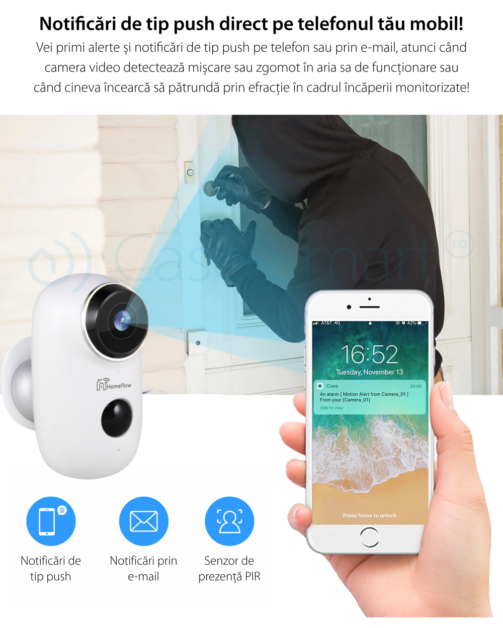 Camera de supraveghere inteligenta Wireless Homeflow C-6002, Comunicare bidirectionala, Detectie miscare