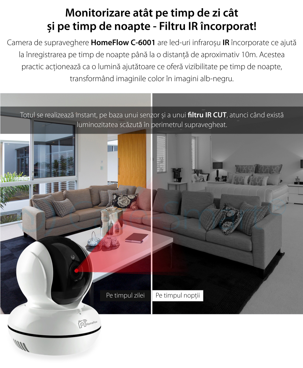 Camera de supraveghere wireless rotativa Homeflow C-6001, Comunicare bidirectionala, Detectie miscare, Inregistrare, Control de pe telefonul mobil