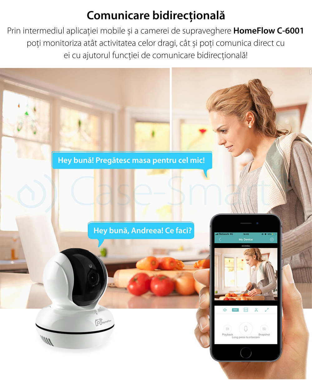 Camera de supraveghere wireless rotativa Homeflow C-6001, Comunicare bidirectionala, Detectie miscare, Inregistrare, Control de pe telefonul mobil