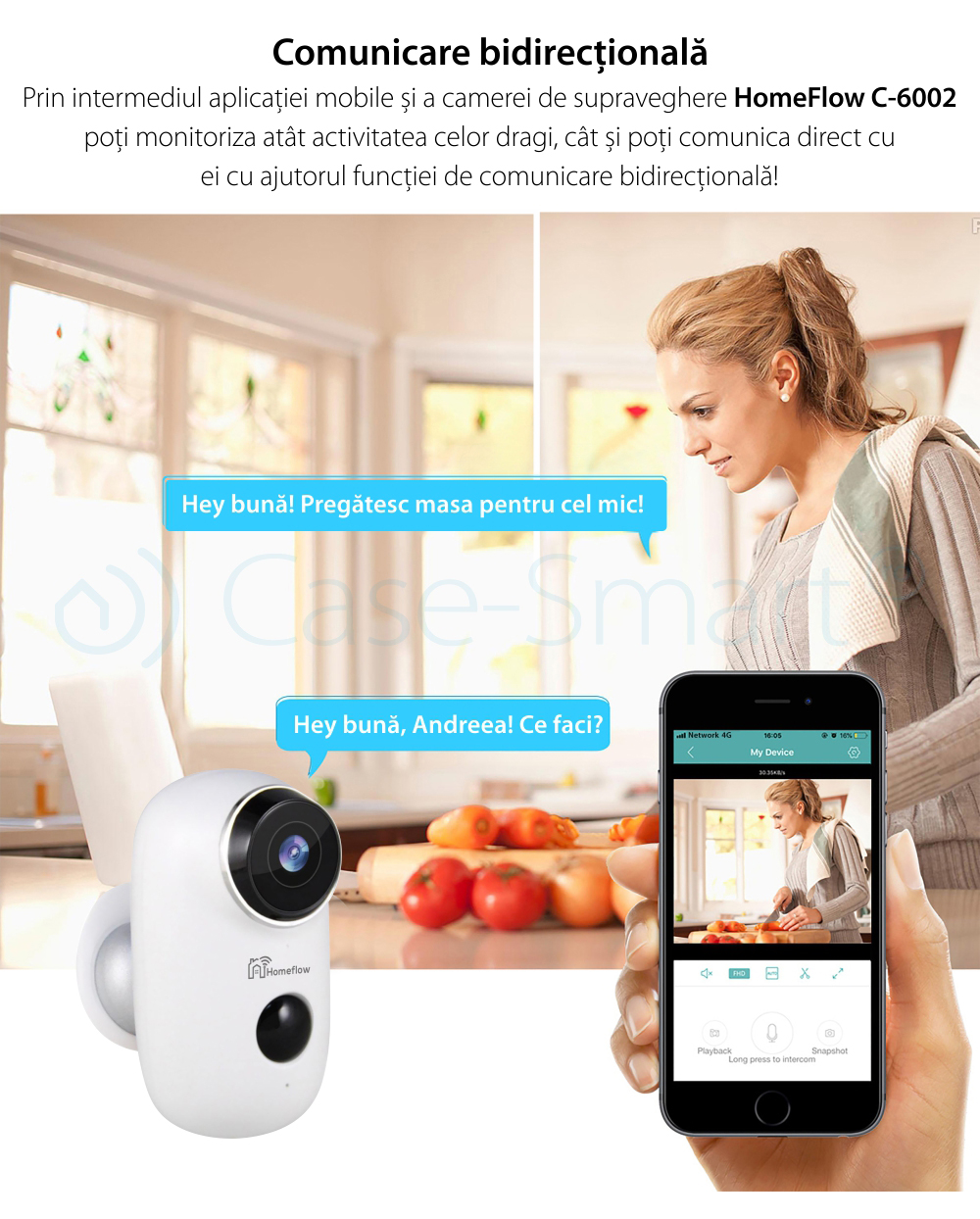 Camera de supraveghere inteligenta Wireless Homeflow C-6002, Comunicare bidirectionala, Detectie miscare