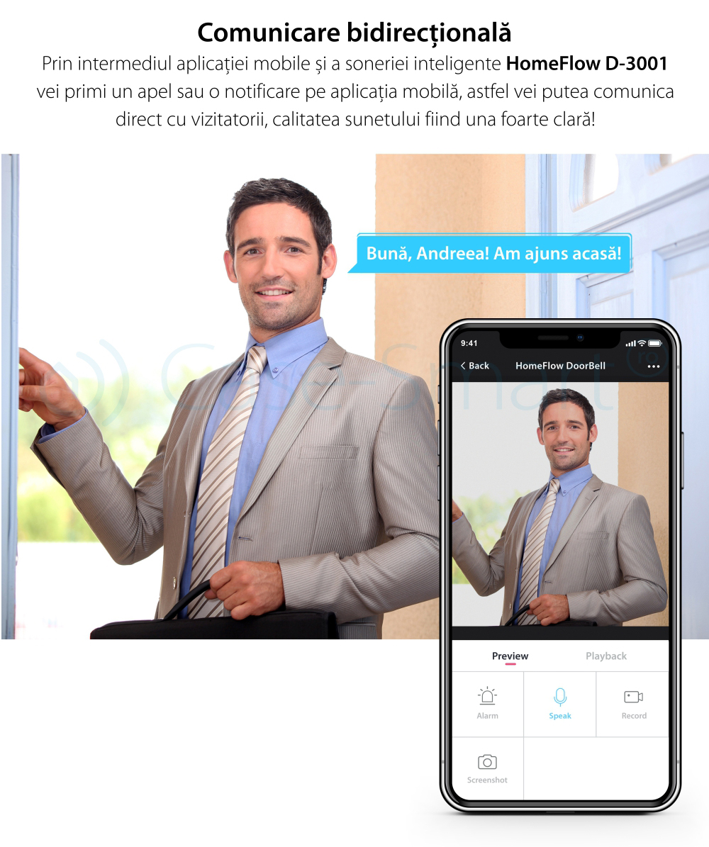 Sonerie inteligenta wireless cu monitorizare video Homeflow D-3001, Comunicare bidirectionala, Detectie miscare, Notificari, Modul sonerie interior inclus – Resigilat
