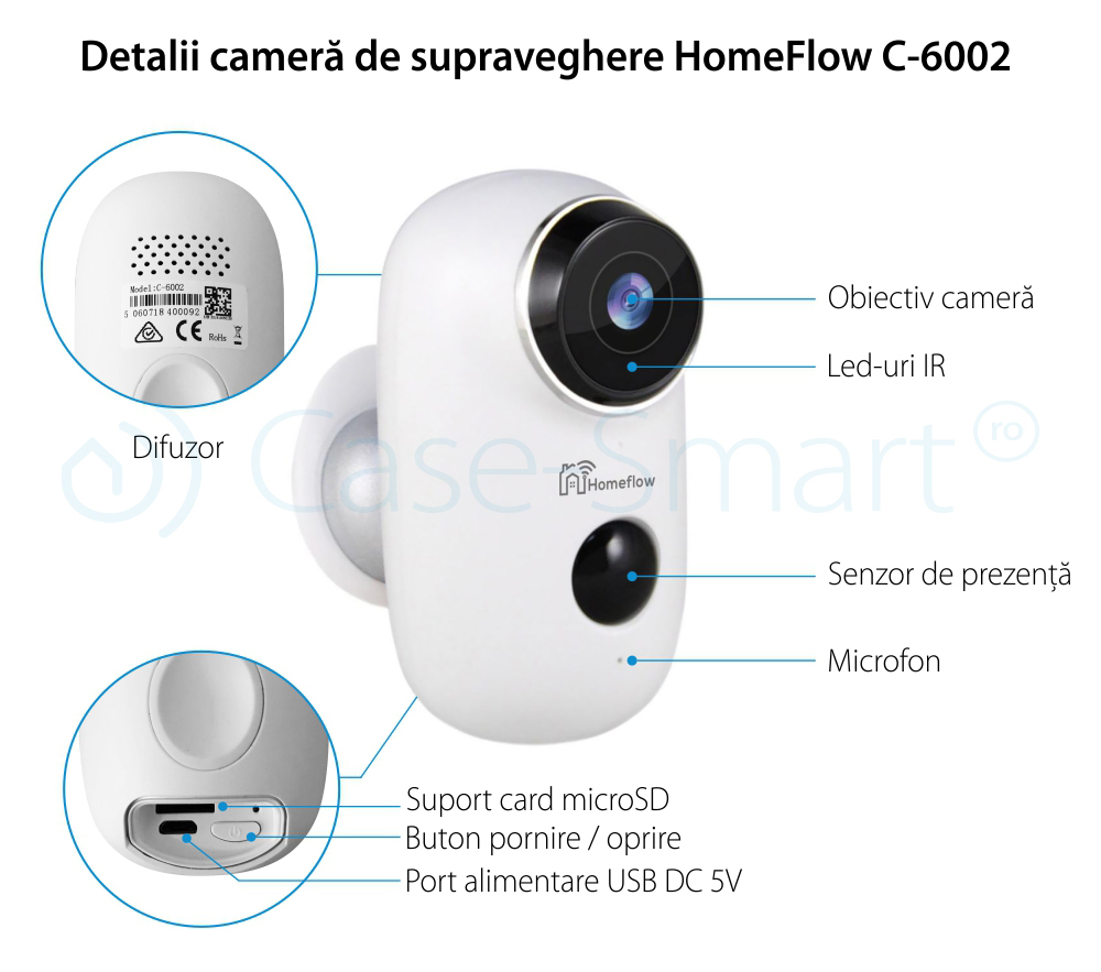 Camera de supraveghere inteligenta Wireless Homeflow C-6002, Comunicare bidirectionala, Detectie miscare