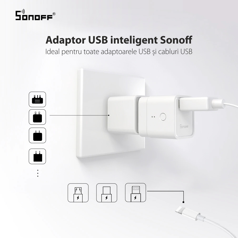 Adaptor USB Inteligent Sonoff, Micro, 5V, Wireless, Compatibil cu Google Home, Alexa & eWeLink