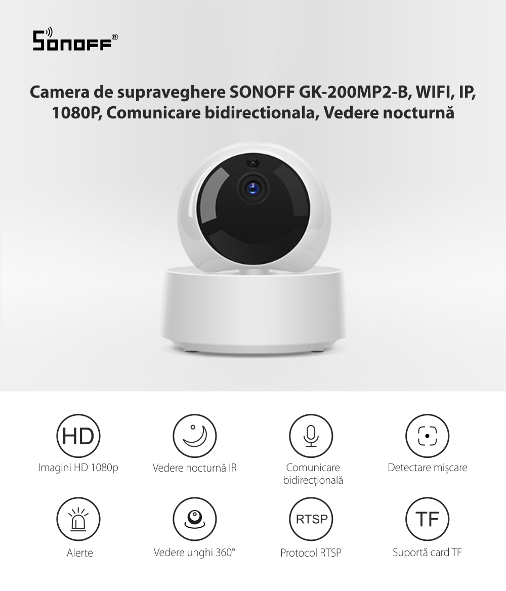 Camera de supraveghere SONOFF GK-200MP2-B, Wireless, Full HD, Comunicare bidirectionala, Night vision