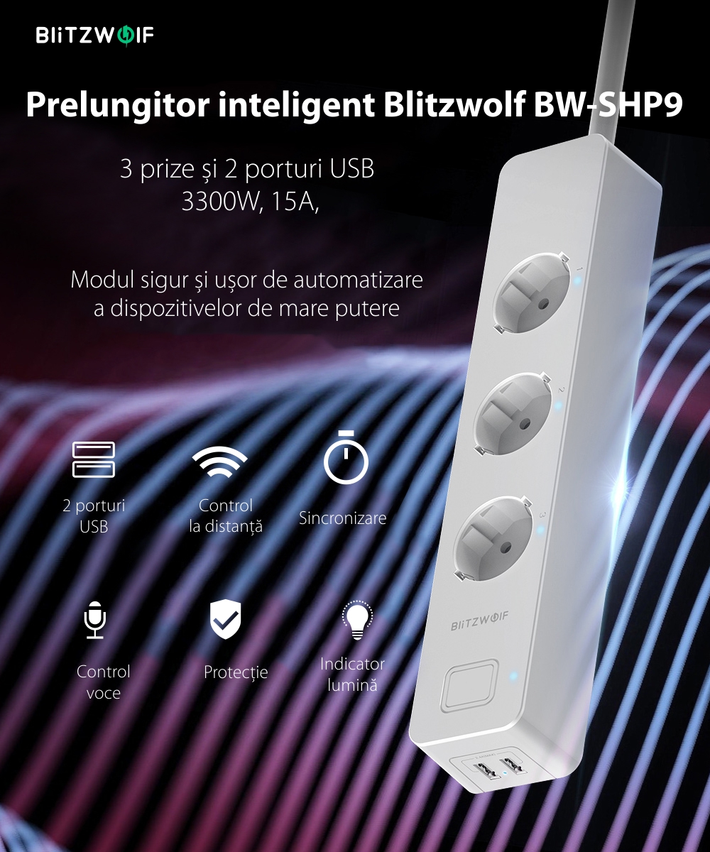 Prelungitor inteligent Blitzwolf BW-SHP9, 3 prize si 2 porturi USB, 3300W, 15A, Control de pe telefonul mobil