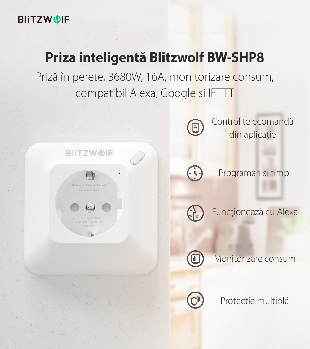 Priza inteligenta Blitzwolf BW-SHP8, Alb, 3680W, 16A, Monitorizare consum, Compatibil Alexa, Google Home si IFTTT