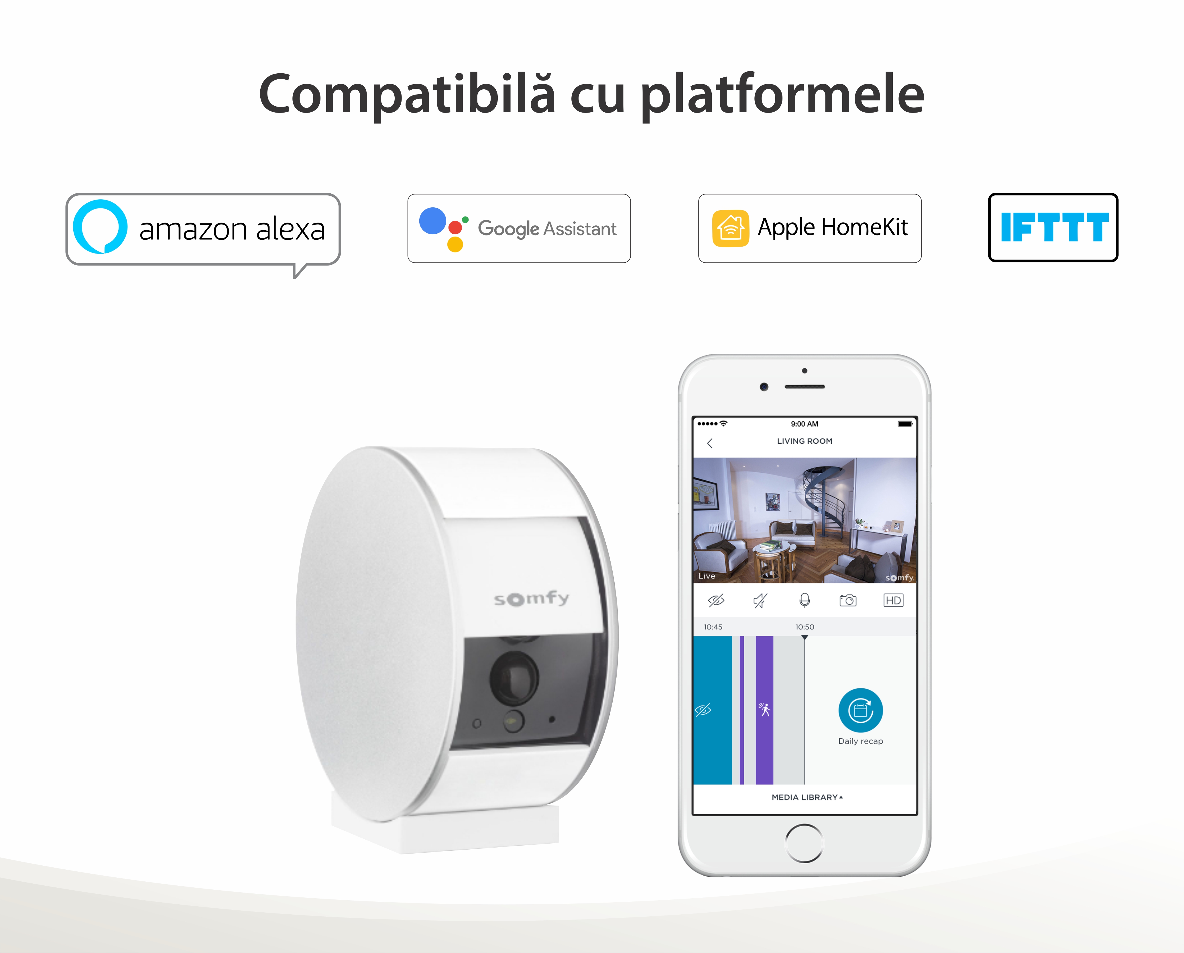 Camera Video HD de interior Somfy Protect, Vedere pe timp de noapte, Zoom de 8x, Compatibil cu TaHoma, Amazon Alexa, IFTTT si Works With Nest