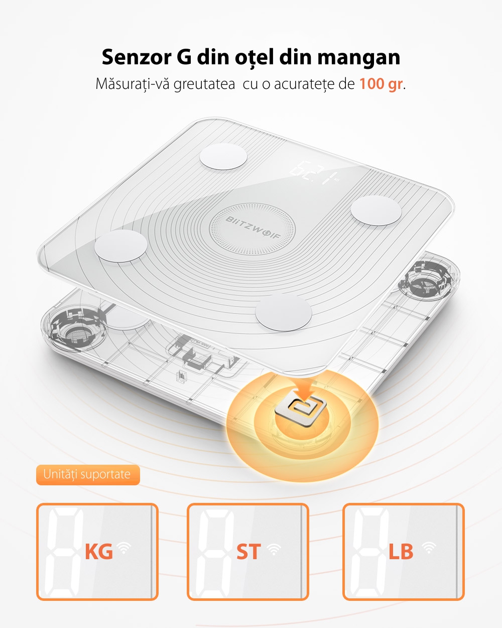 Cantar digital inteligent BlitzWolf BW-SC1, Smart, Control prin aplicatie, Masurare BMI, masa osoasa, grasime viscerala