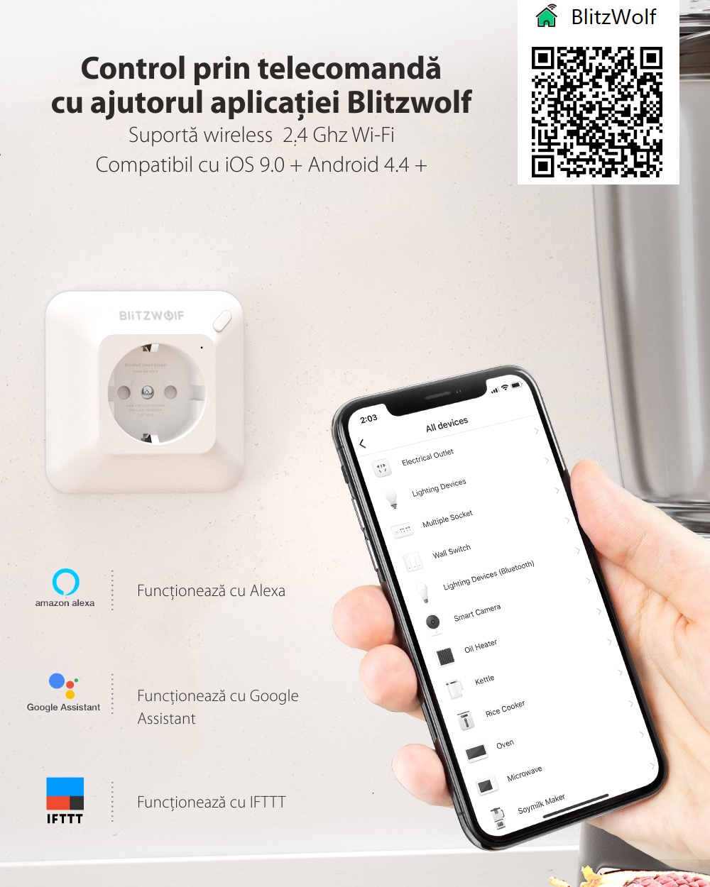 Priza inteligenta Blitzwolf BW-SHP8, Alb, 3680W, 16A, Monitorizare consum, Compatibil Alexa, Google Home si IFTTT