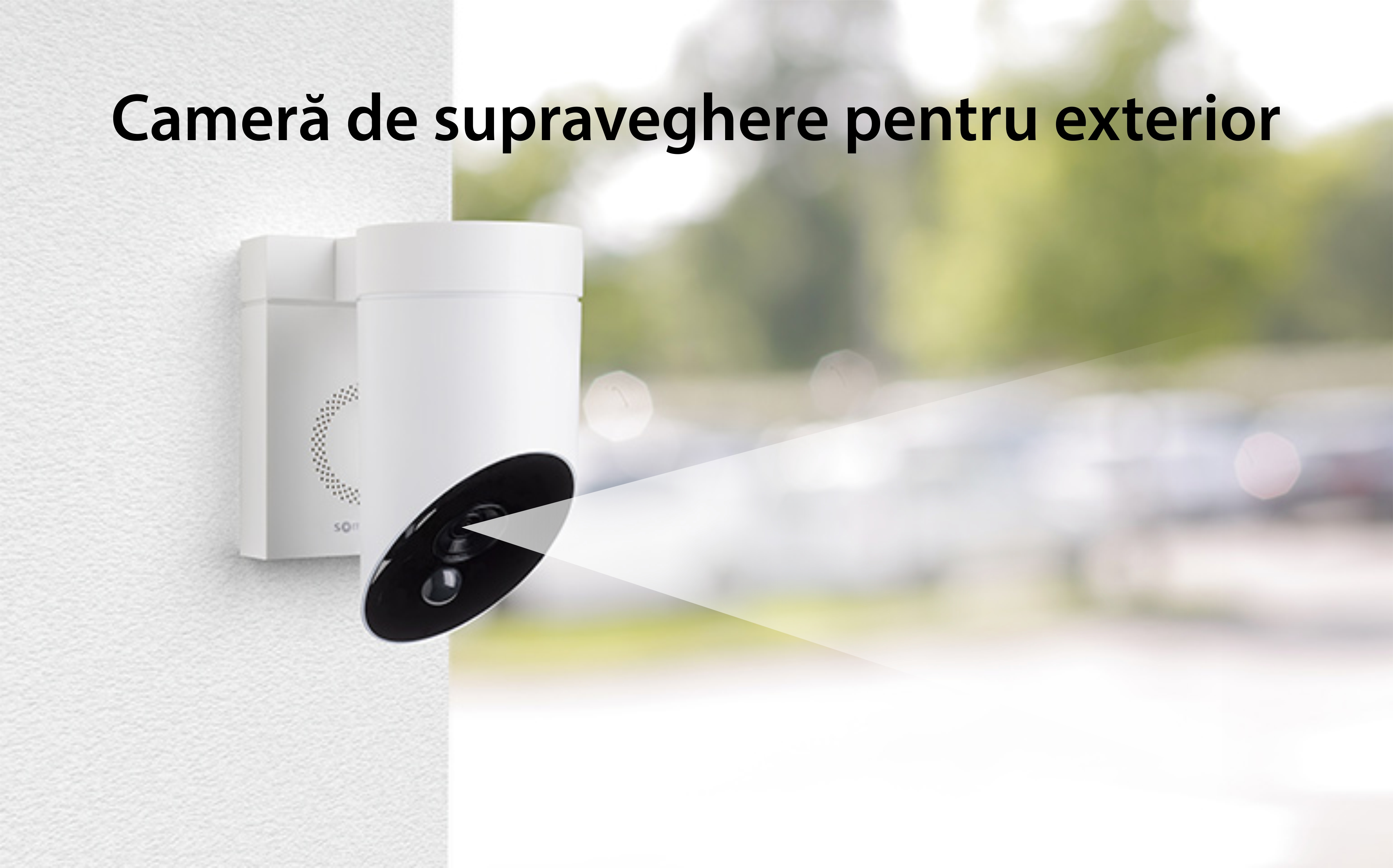 Camera de supraveghere de exterior Somfy, Wifi, 1080p Full HD, Sirena 110 dB, Posibila conexiune la corpul de iluminat existent – Alb