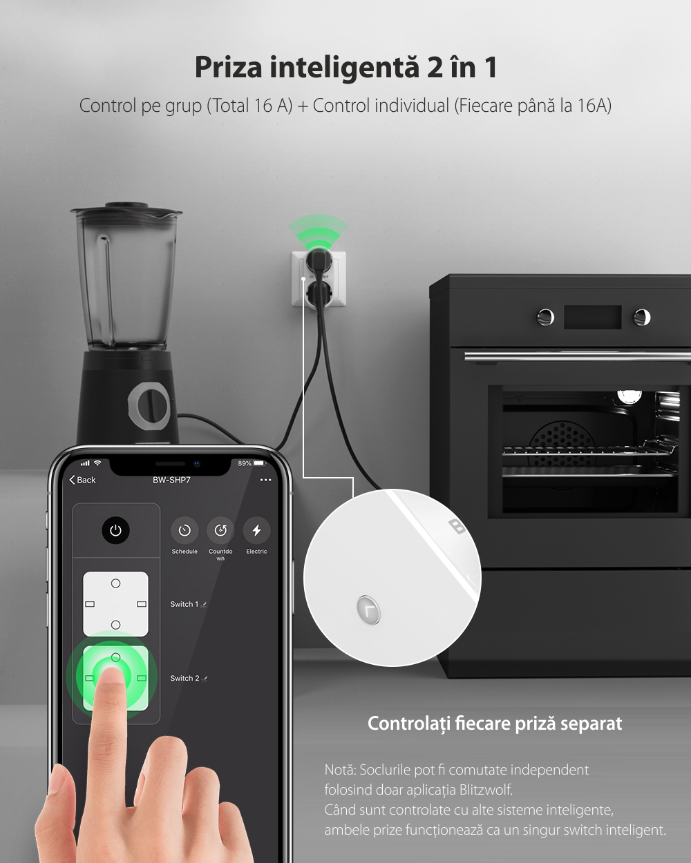 Priza dubla BlitzWolf BW-SHP7, Alb, Wi-Fi, Smart, 3680W, 16A, Monitorizare consum, Compatibil cu Alexa, Google Home & IFTTT