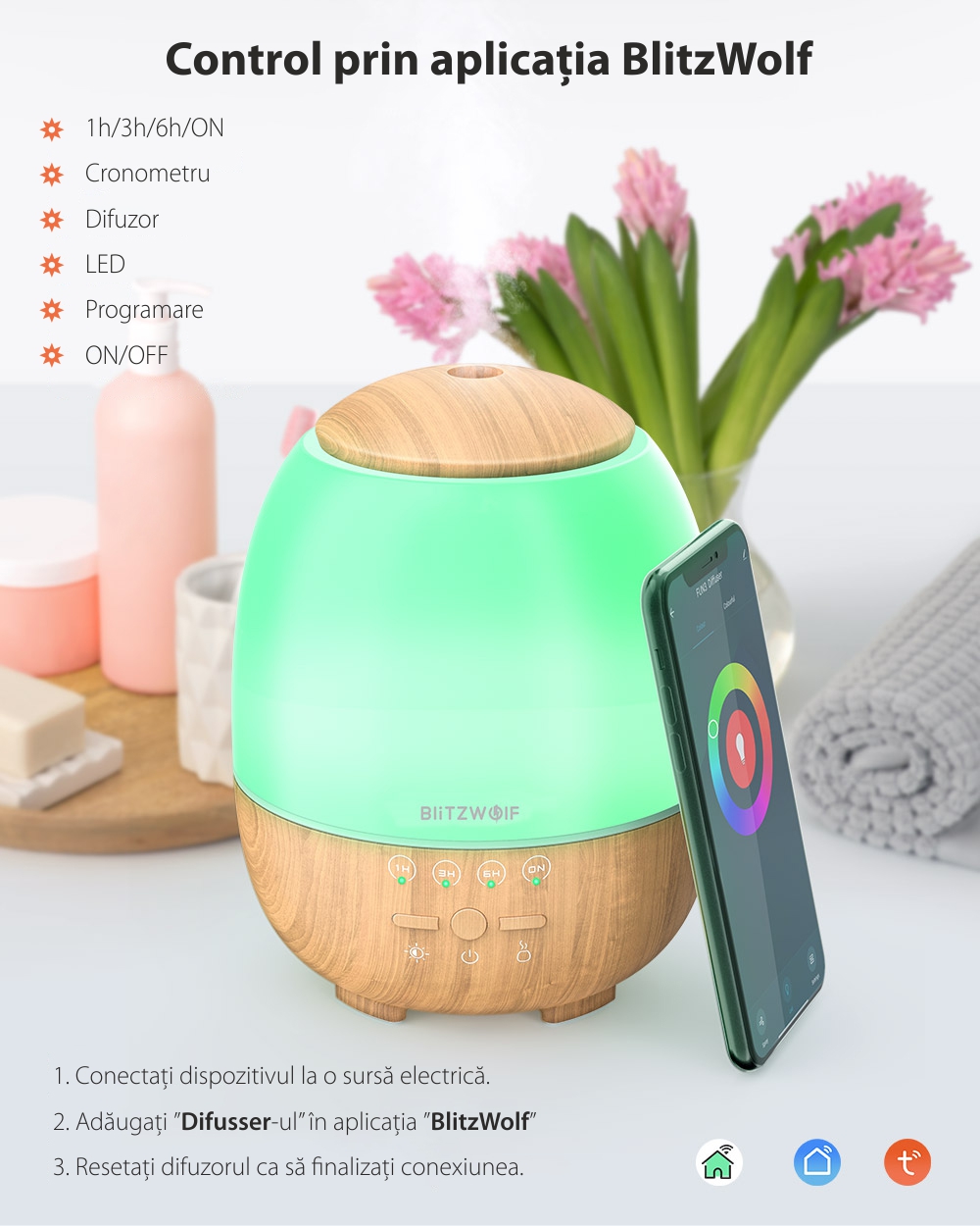 Umidificator cu ultrasunete si lampa LED, BlitzWolf BW-FUN3, Smart, Wi-Fi, 400mL, Compatibil cu Amazon Alexa si Google Assistant