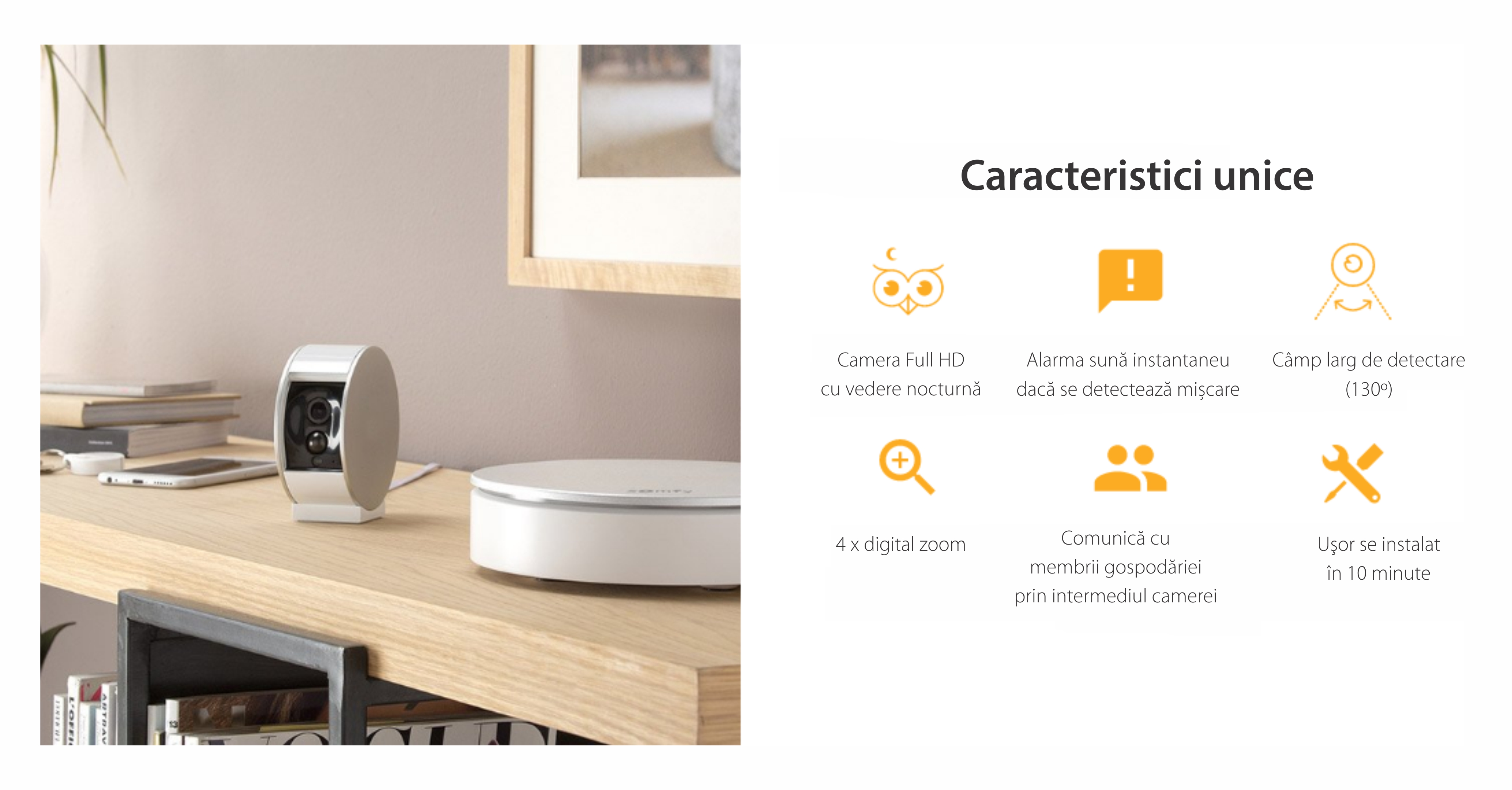 Camera Video HD de interior Somfy Protect, Vedere pe timp de noapte, Zoom de 8x, Compatibil cu TaHoma, Amazon Alexa, IFTTT si Works With Nest