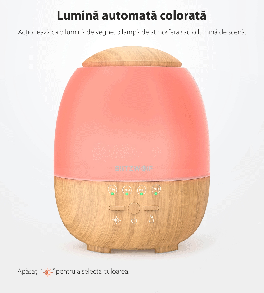 Umidificator cu ultrasunete si lampa LED, BlitzWolf BW-FUN3, Smart, Wi-Fi, 400mL, Compatibil cu Amazon Alexa si Google Assistant