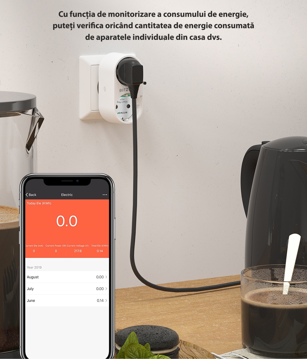 Priza dubla BlitzWolf BW-SHP7, Alb, Wi-Fi, Smart, 3680W, 16A, Monitorizare consum, Compatibil cu Alexa, Google Home & IFTTT