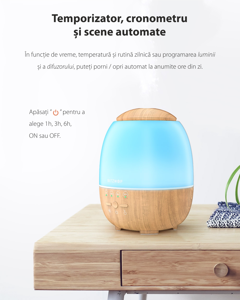 Umidificator cu ultrasunete si lampa LED, BlitzWolf BW-FUN3, Smart, Wi-Fi, 400mL, Compatibil cu Amazon Alexa si Google Assistant